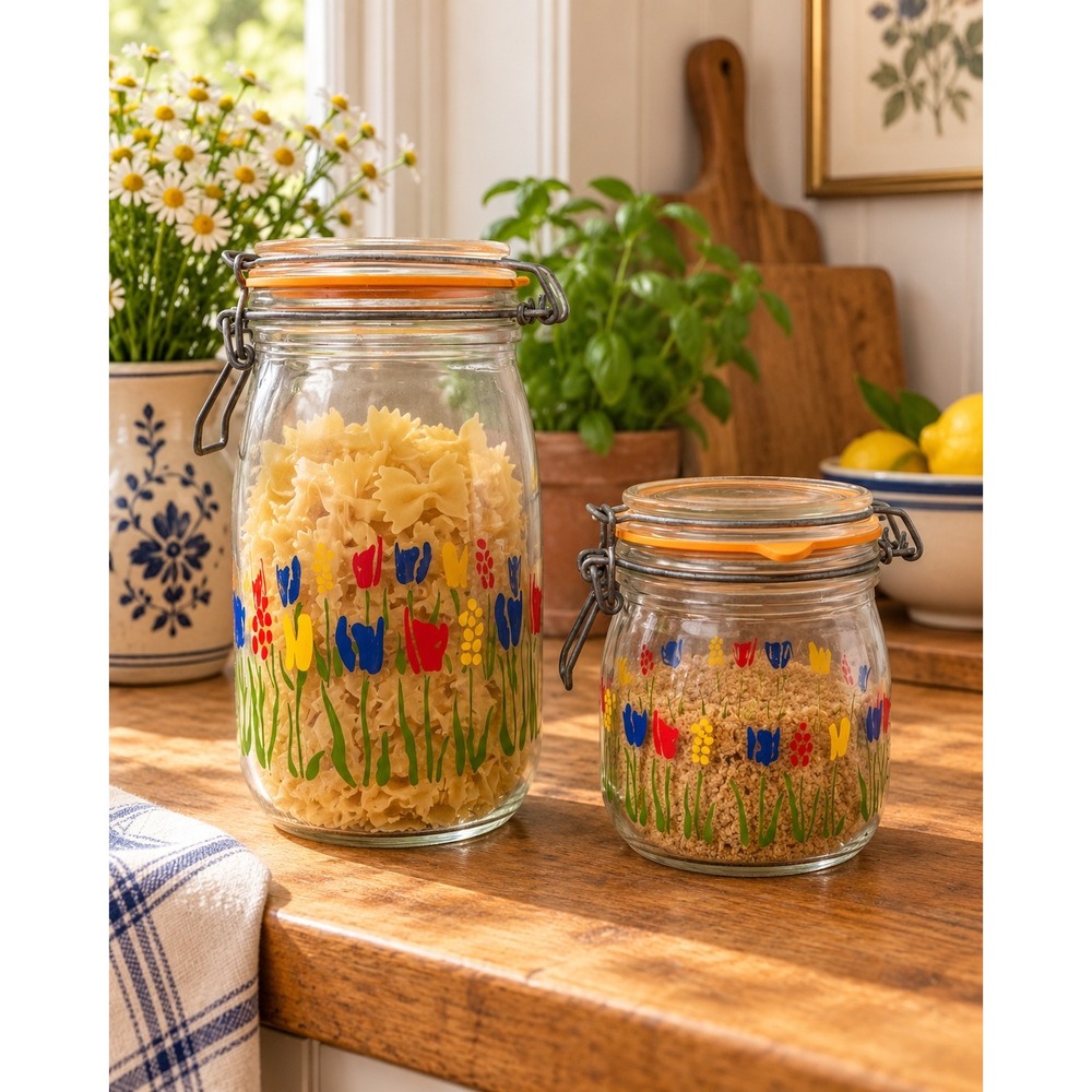 Vintage Arc France Tulip Glass Canister Set 2 Wire Bail 3/4L 1L Floral Retro